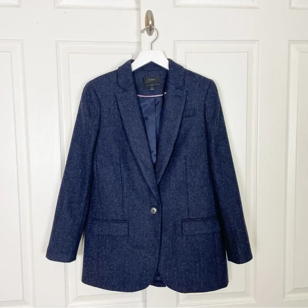 J. Crew Alfie Blue Herringbone Blazer English Wool Relaxed Modern Classic Sz 4